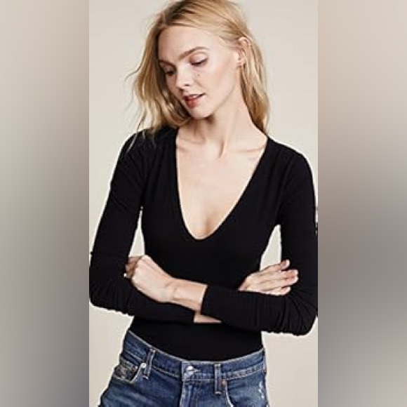 Enza Costa Black V Neck Soft Stretch Long Sleeve Bodysuit Size Medium
